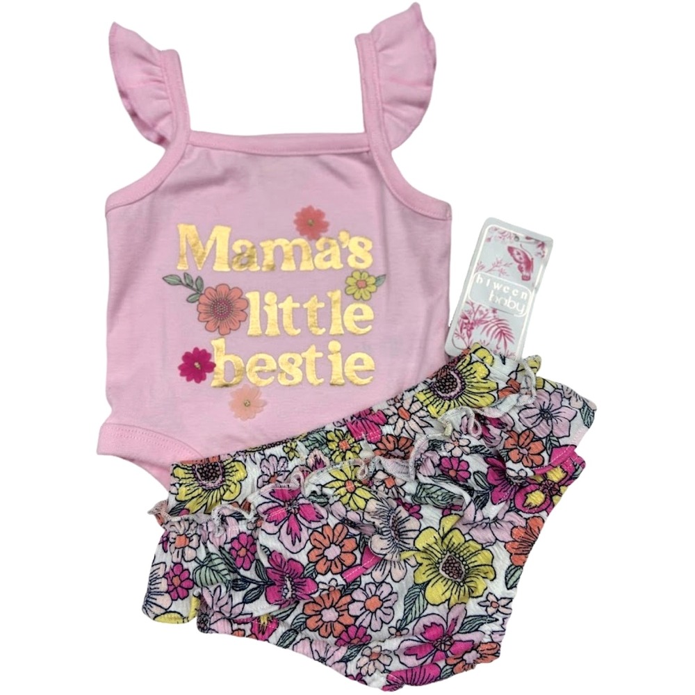 Mama's Little Bestie Baby Girl 3 Mos Outfit Set Floral Btween 2pc Flower NWT